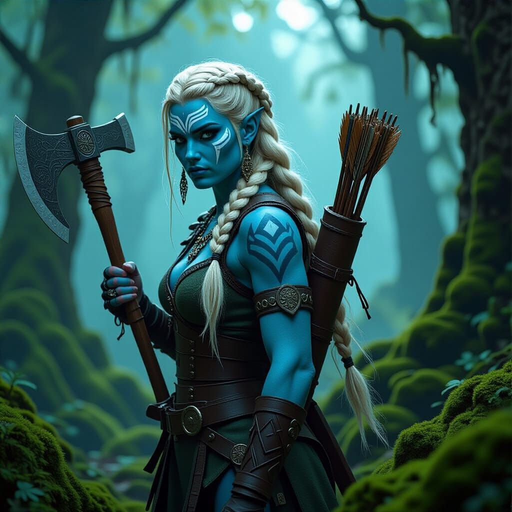 Blue-Skinned Warrior Woman in a Mystical Forest
