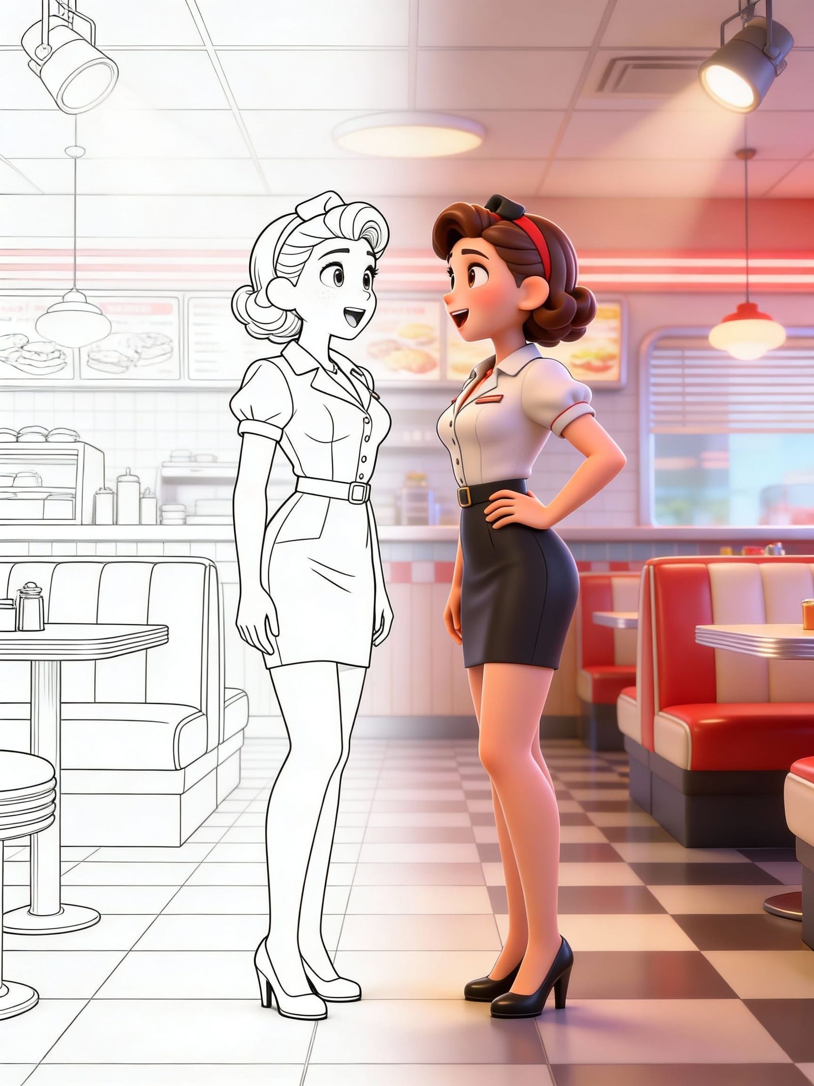 Retro Pin-Up Girl Meets 3D Animation in Diner