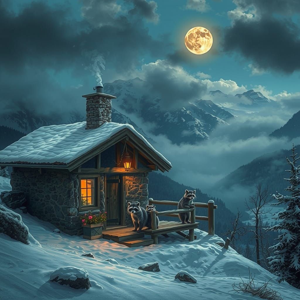 Raccoons Under the Red Moonlight of a Swiss Mountain Cabin