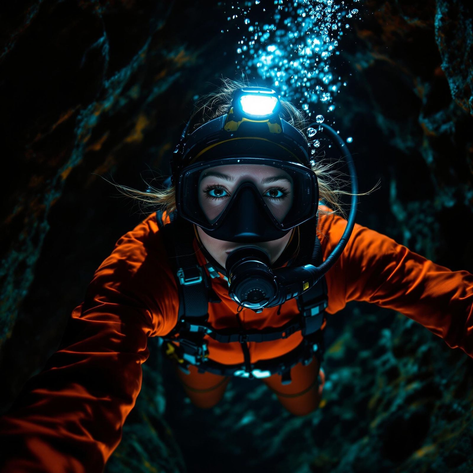 Surreal Portrait of Underwater Cave Diver