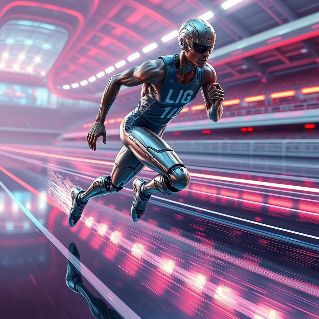 Futuristic Cyborg Sprinter on Neon Track