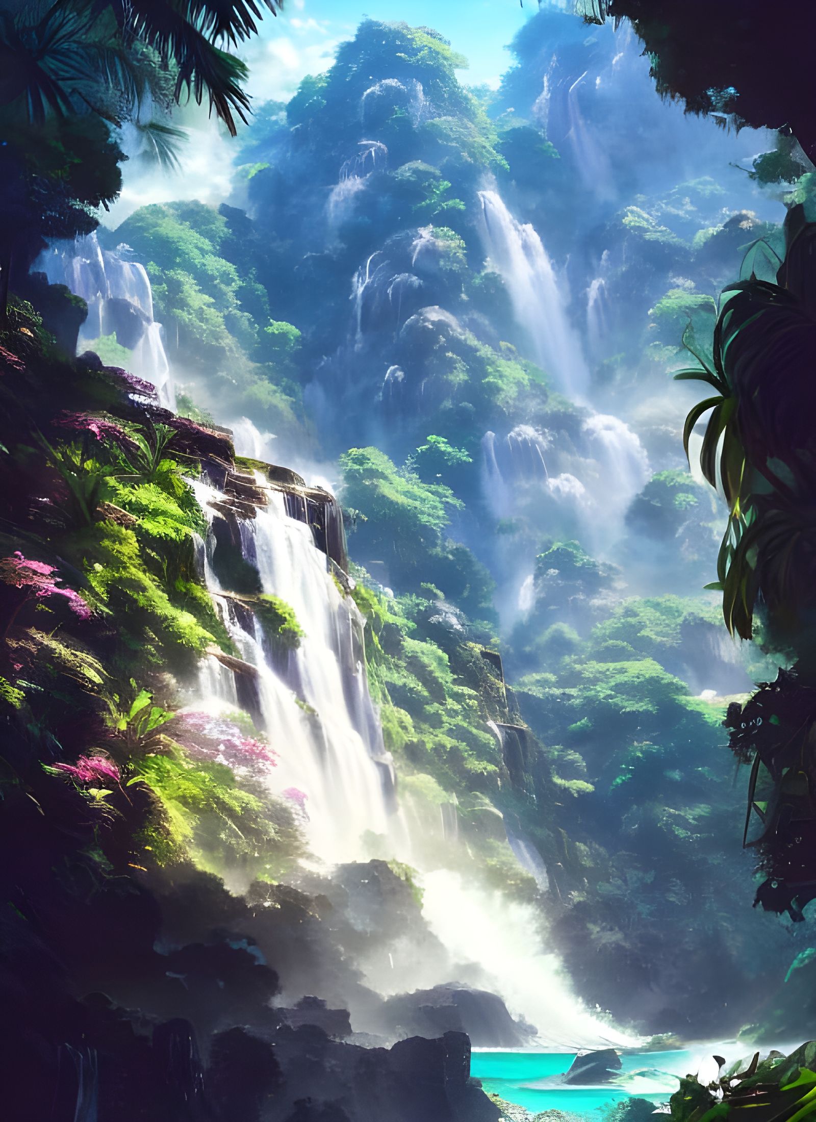 Tropical Island Waterfalls in Anime Style