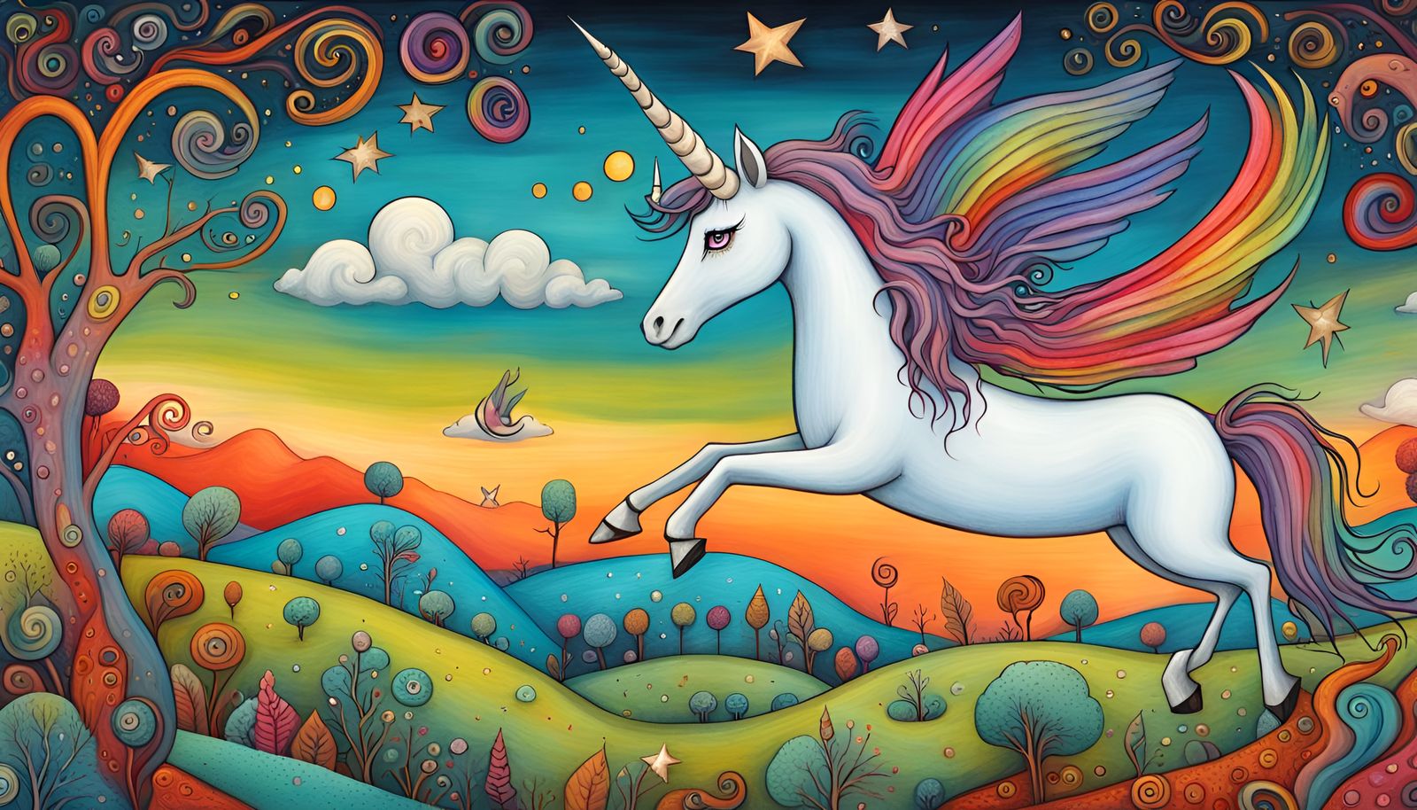 Unicorn Flight: A Folk Art Surrealism Landscape