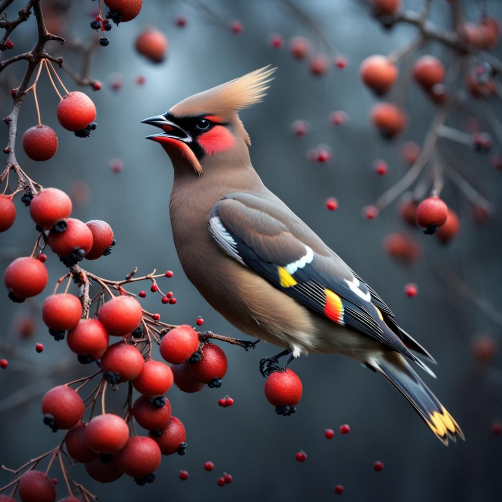 Waxwing Eating Berries: Digital Matte Painting