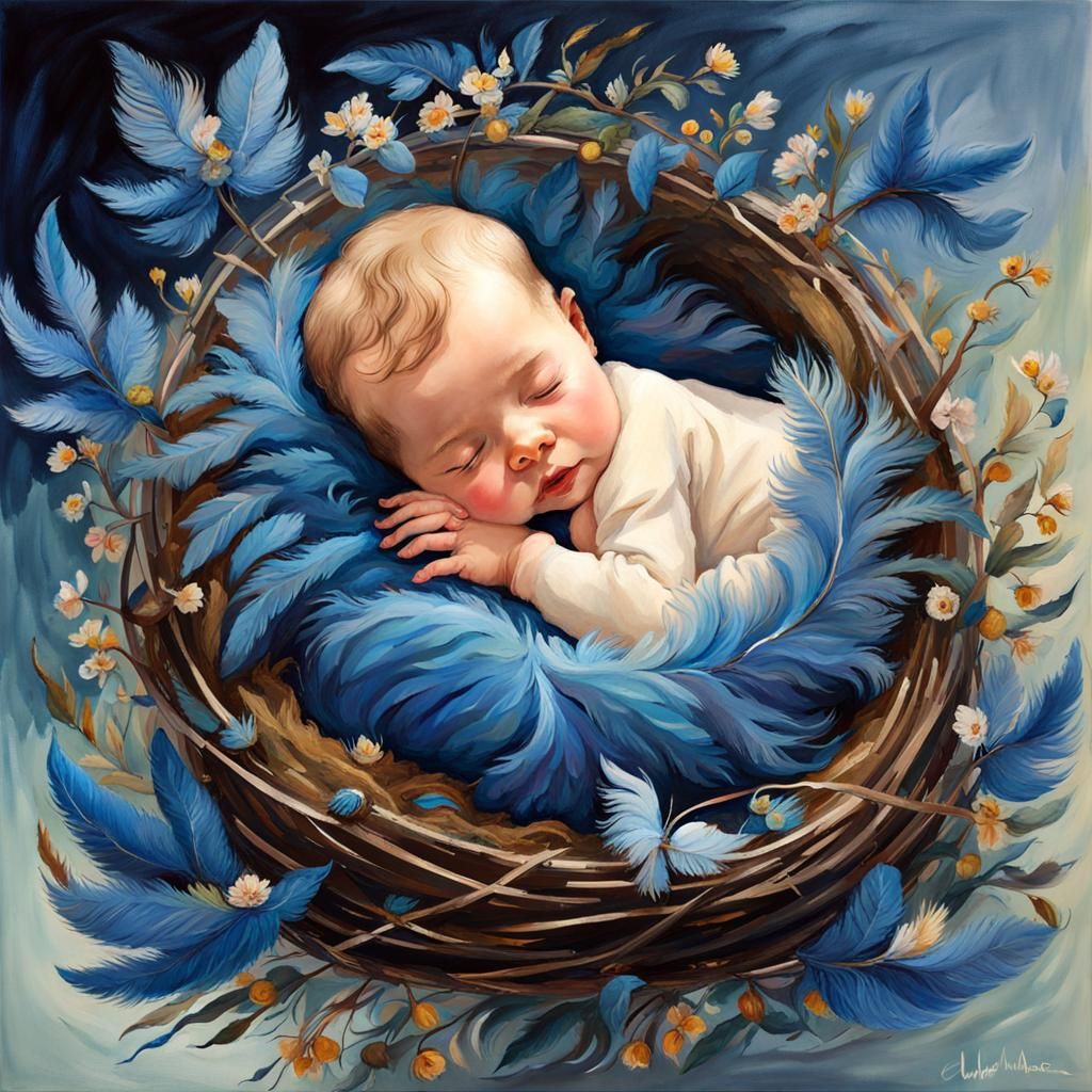 Baby in Bird's Nest with Rococo Stippling