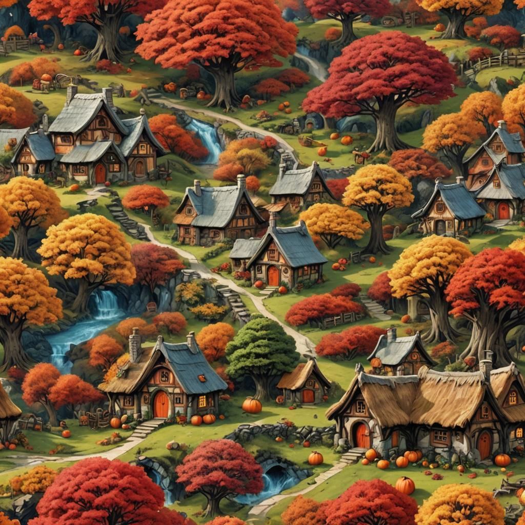 Charming Hobbit Village in Autumn Illustration