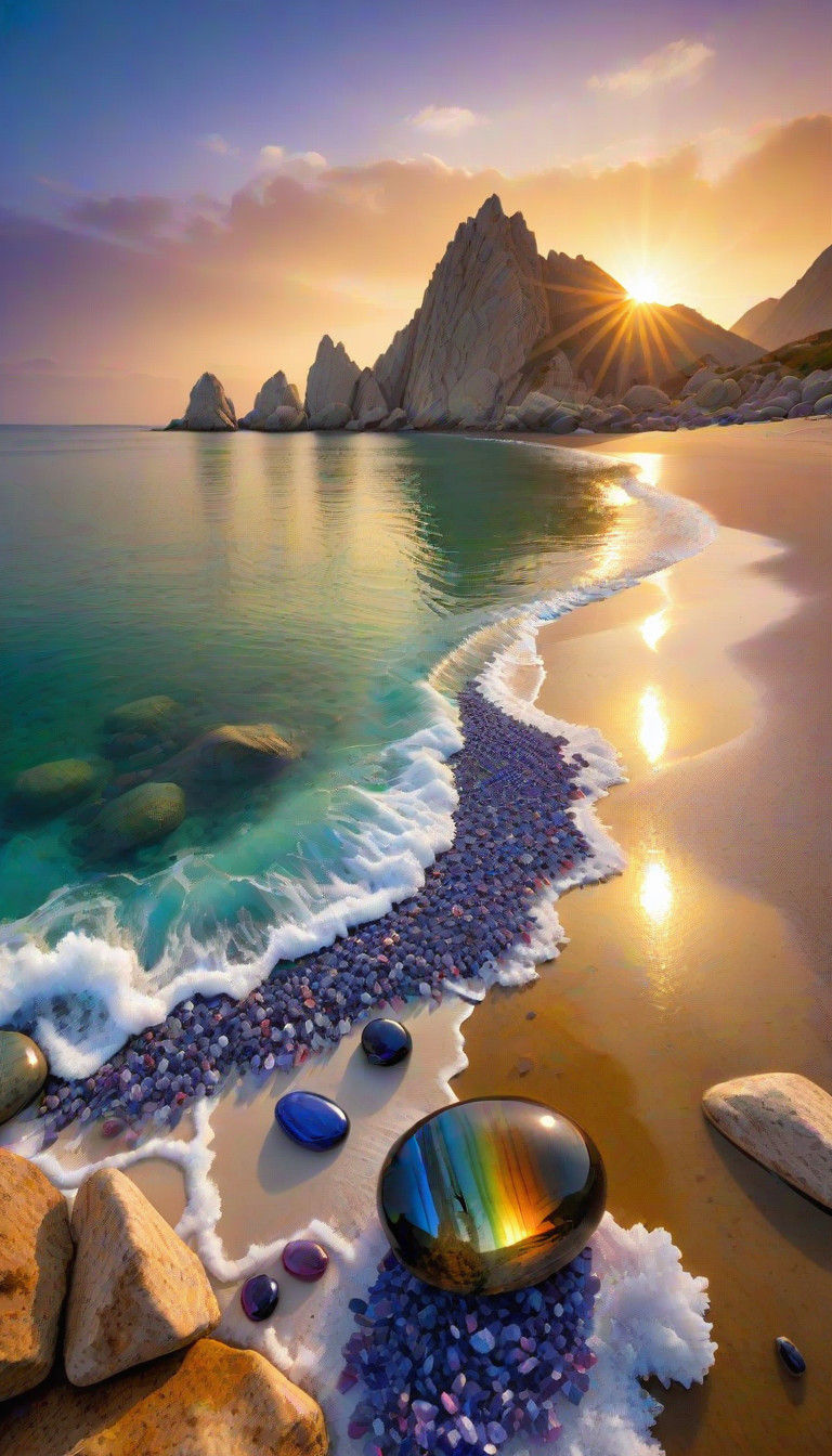 Gemstone Seashore Sunrise with Rainbow Sky