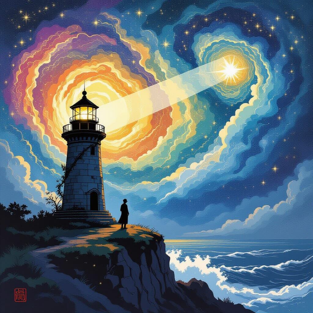 Cosmic Lighthouse Keeper in Ukiyo-e Style
