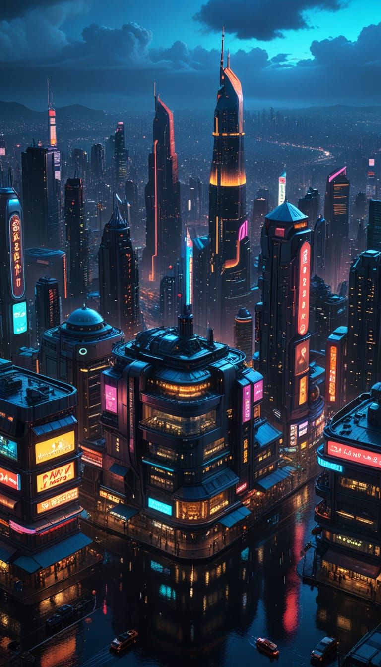 Cyberpunk Cityscape at Night: Neon Skyscrapers & Flying Cars