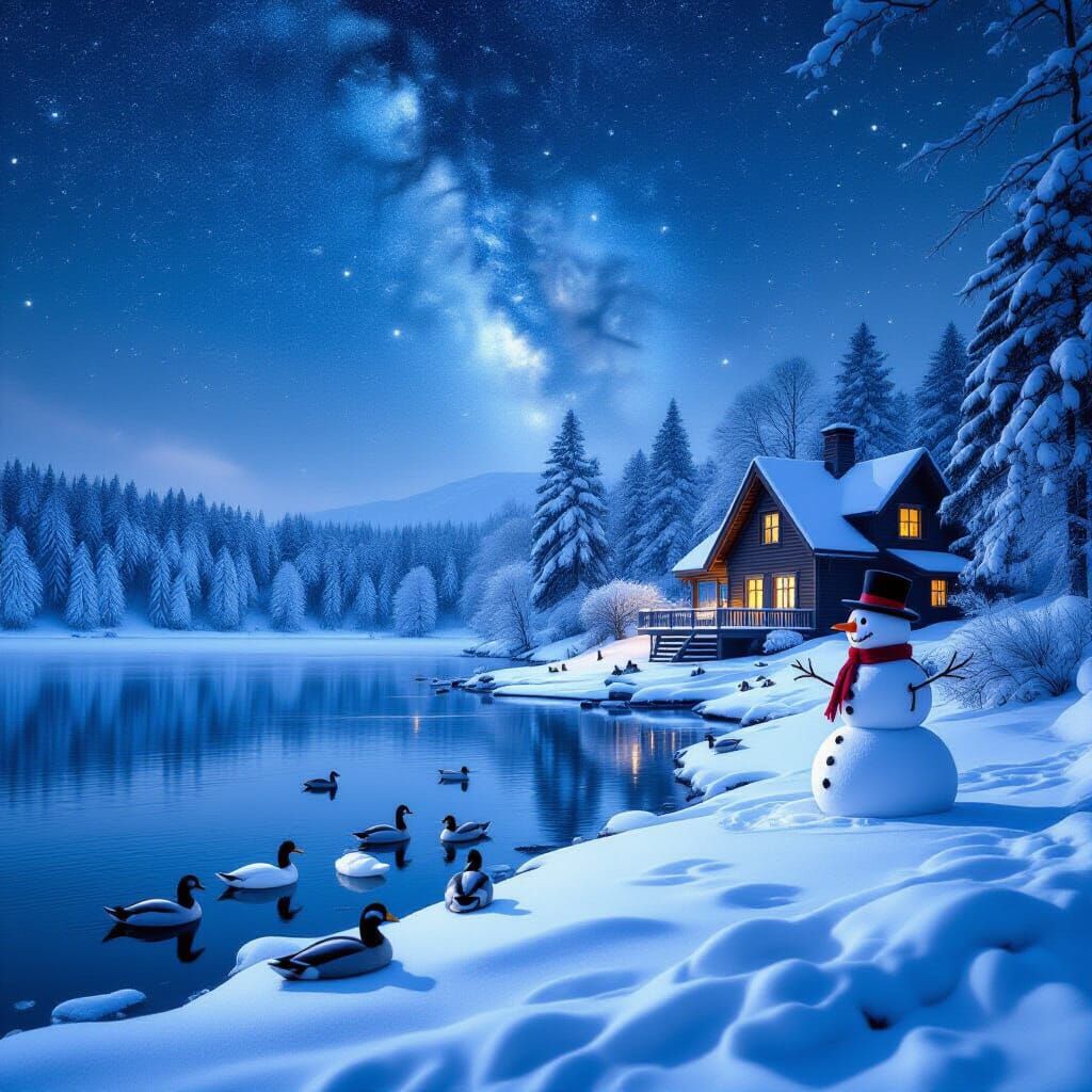 Magical Lakeside Winter Home Under Starry Sky