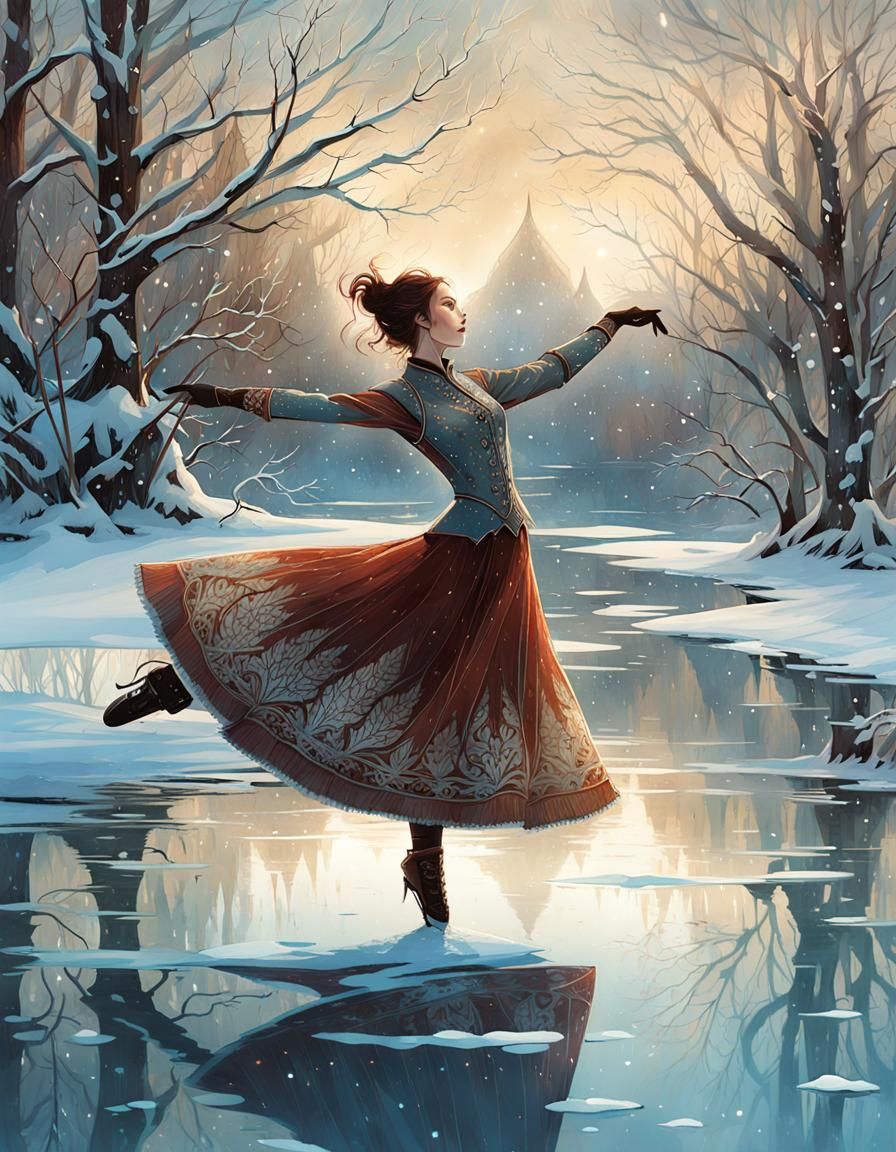 Figure Skater in Winter Scene: Digital Painting