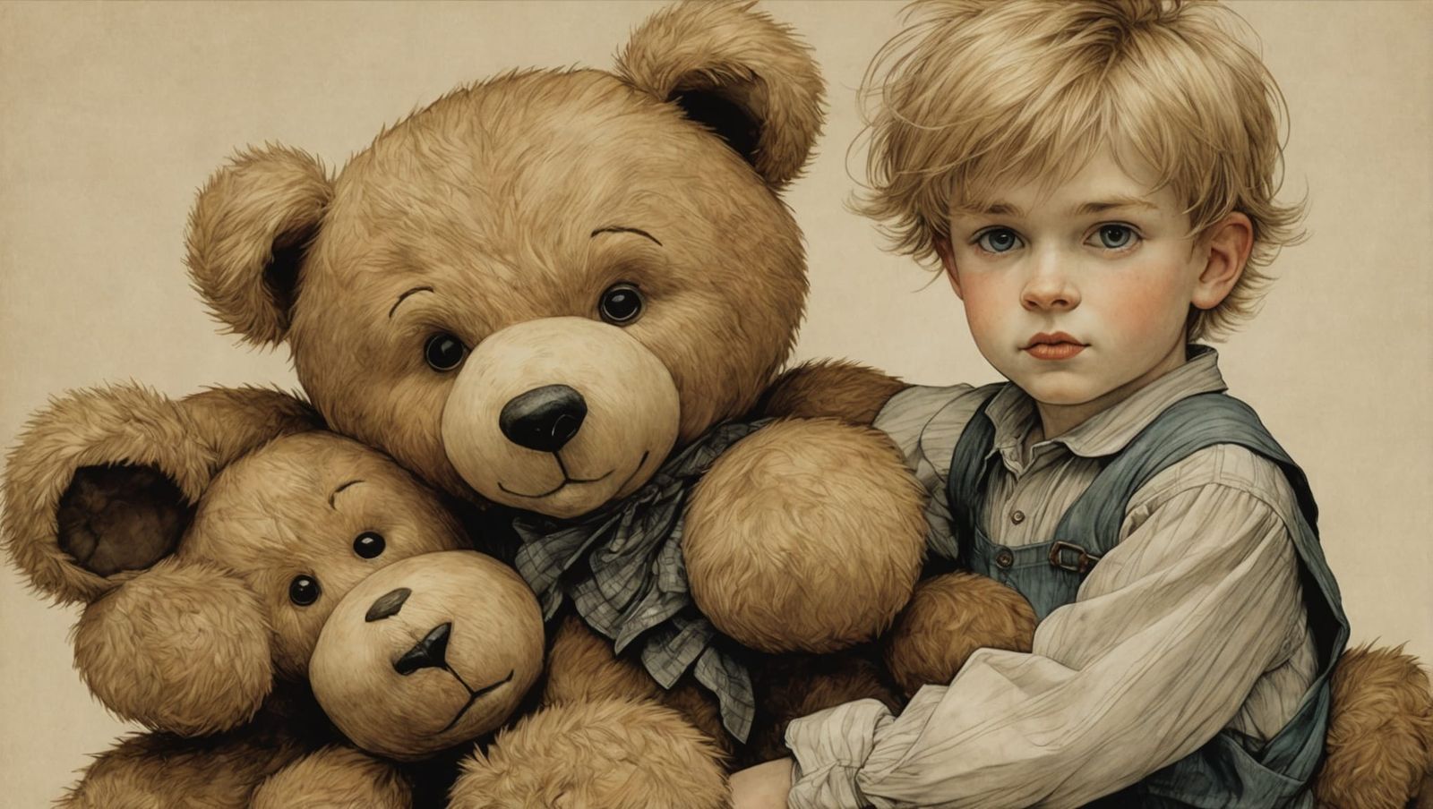 Blond Boy and Teddy Bear in Anime Style