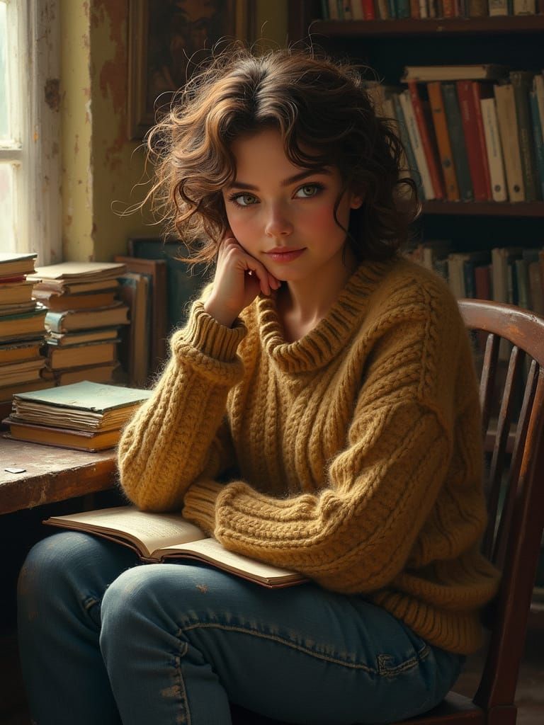 Introspective Artist Surrounded by Art Books