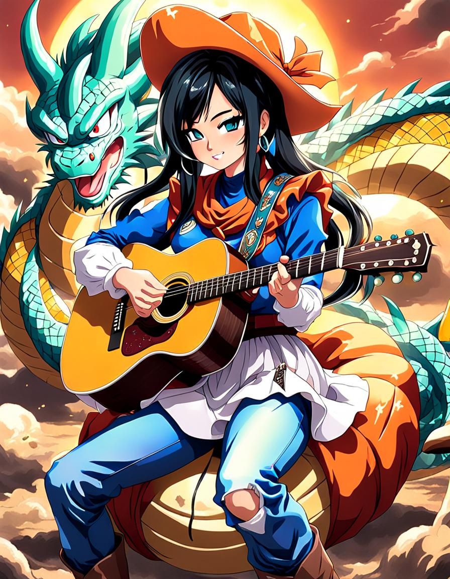 Anime Cowgirl Plays Guitar in Dragon Ball Style