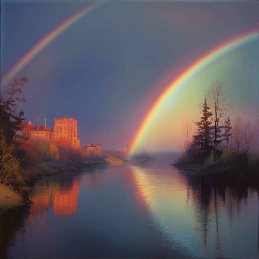 Rainbow Over Cityscape: Tonalist Style