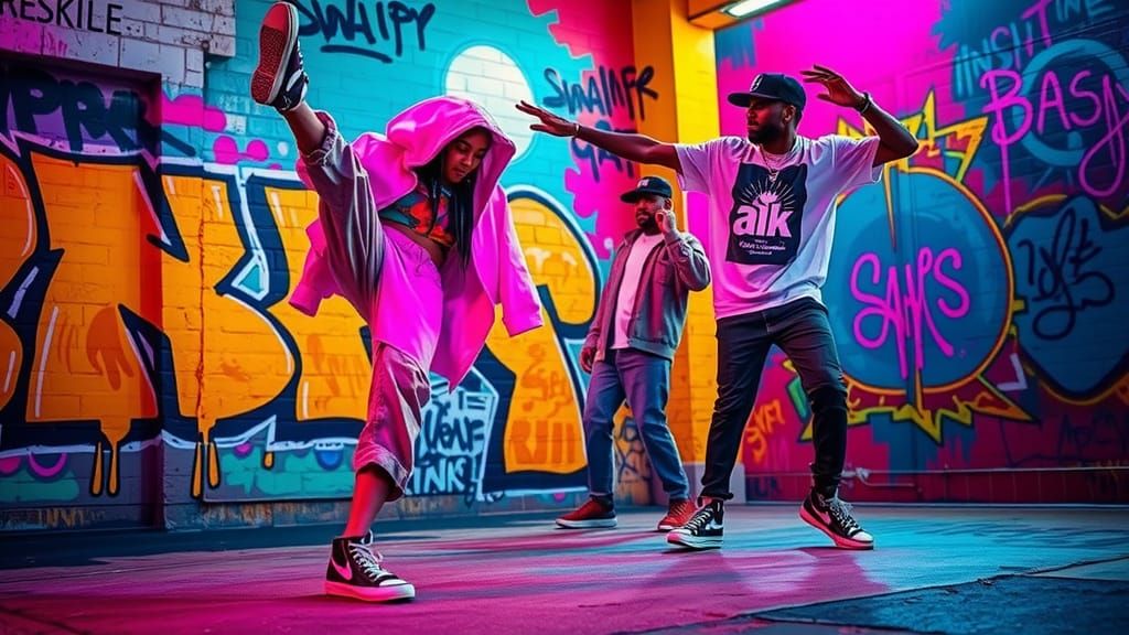 Dynamic Street Dancers in Urban Graffiti Art