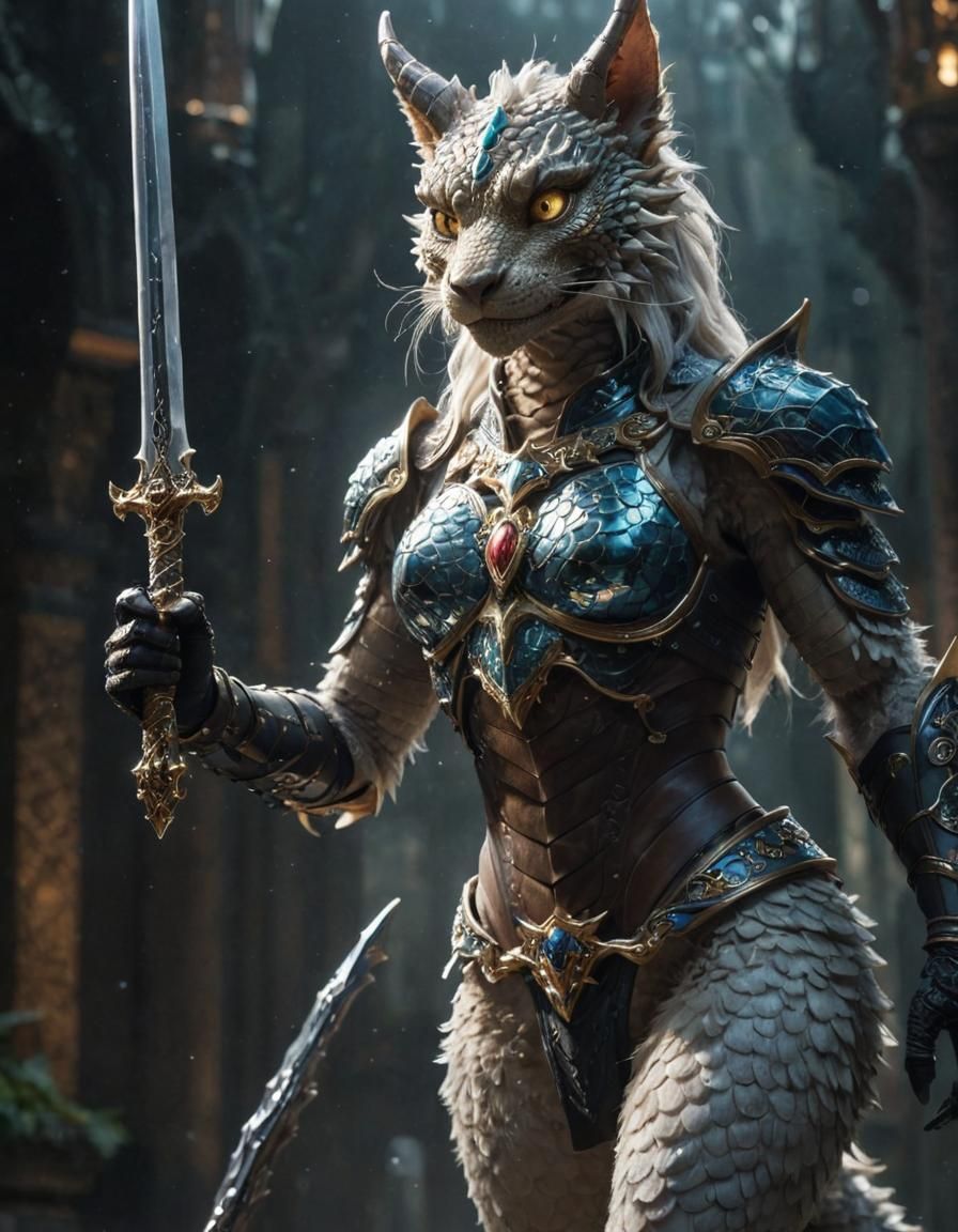 Furry Gold-Scaled Dragon Warrior with Crystalline Sword
