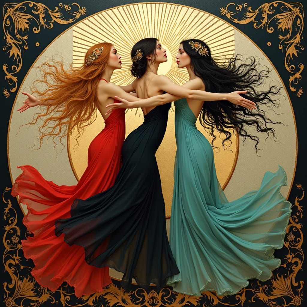 Erte-Style Dancers in Art Nouveau Sunburst