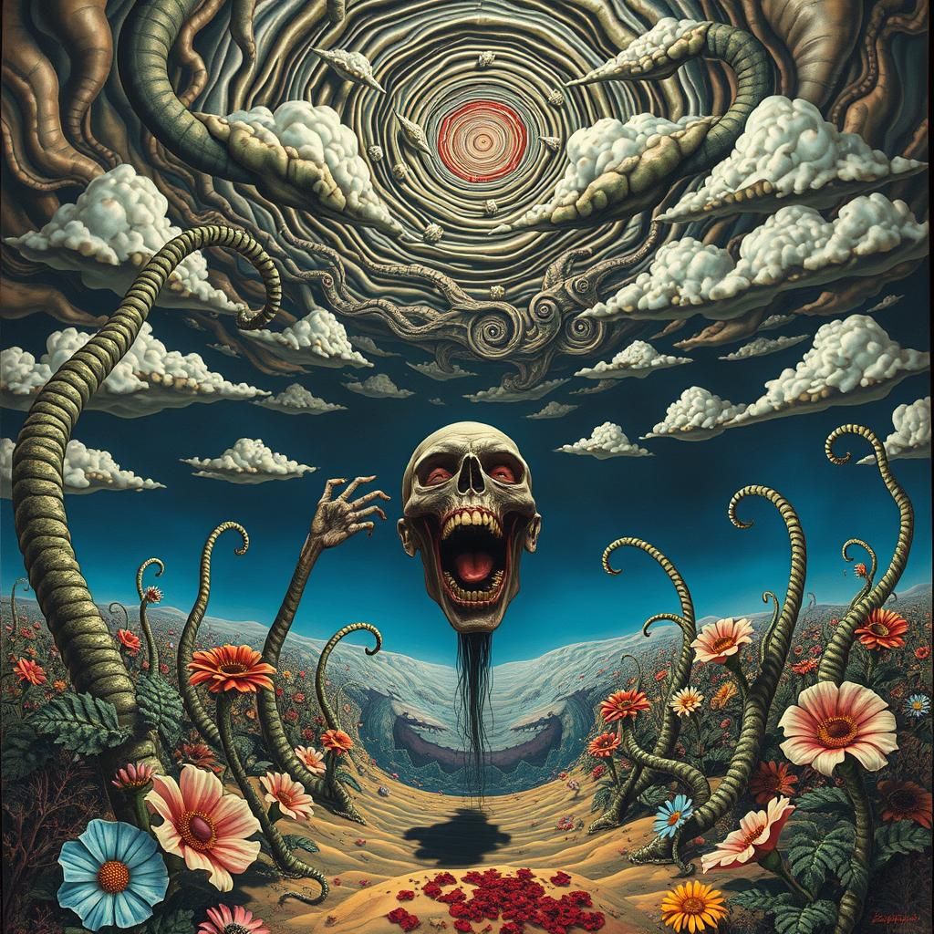 Surreal Landscape with Elastic Flora and Vortex, in Vivid Co...