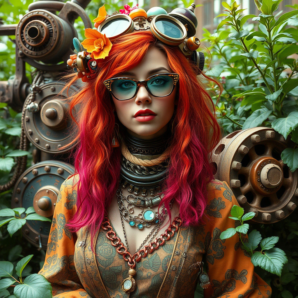 Ecopunk Woman in Lush Salvaged World