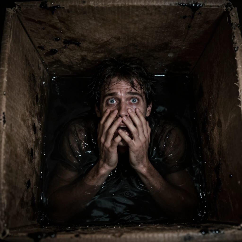 Man Trapped in Dark Box Amidst Despair