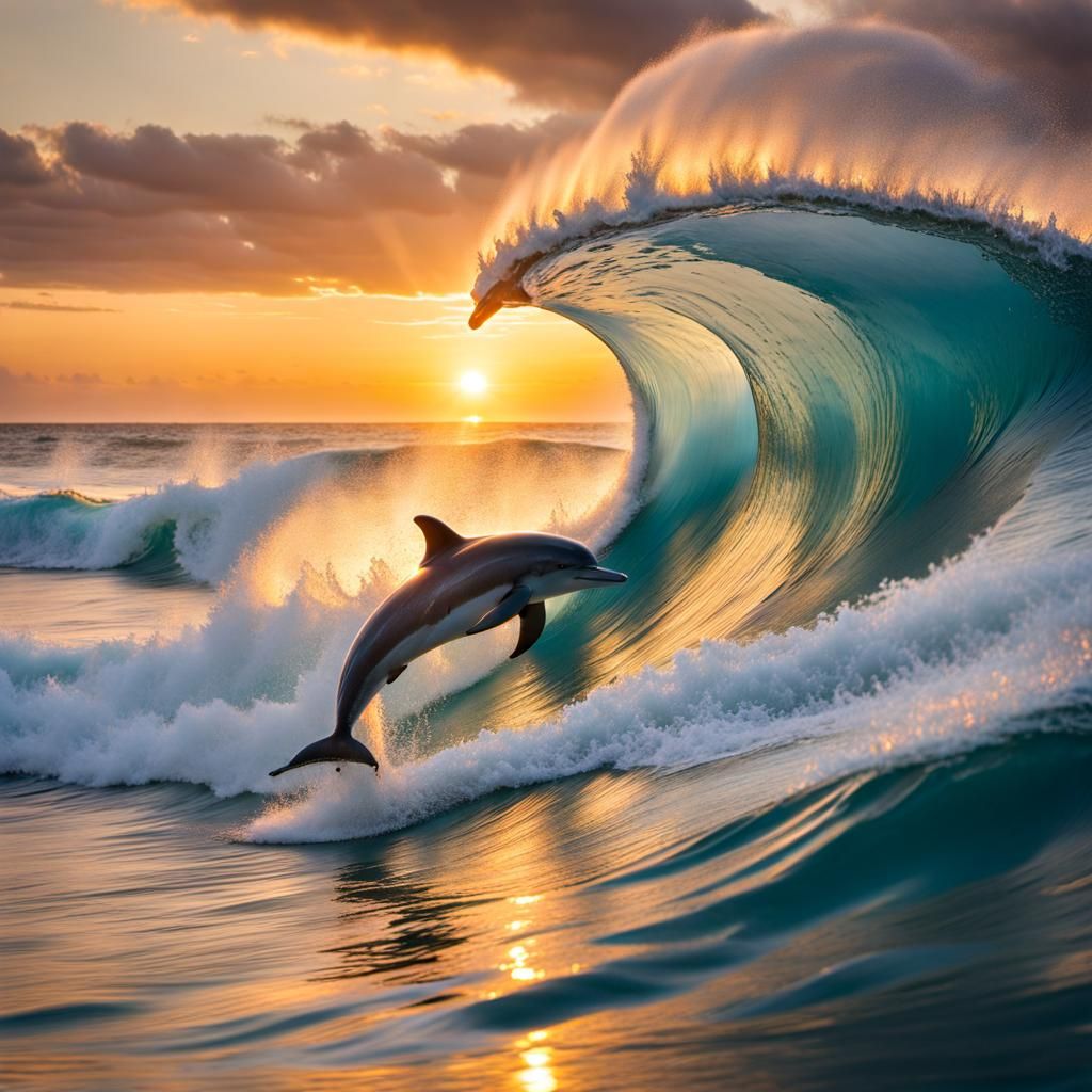 Dolphin Leaps from Giant Wave at Sunset