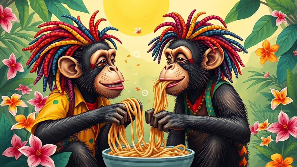 Vibrant Monkeys with Whimsical Dreadlocks Toss Noodles in Ju...