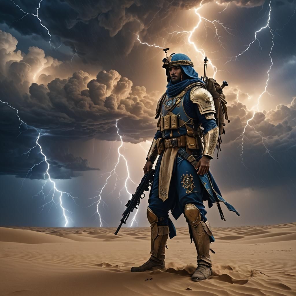 Arabian Desert Soldier in Lightning Storm