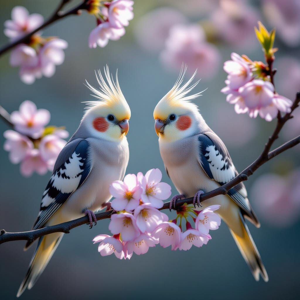 Cockatiel Pair Amidst Cherry Blossoms with Musical Notes