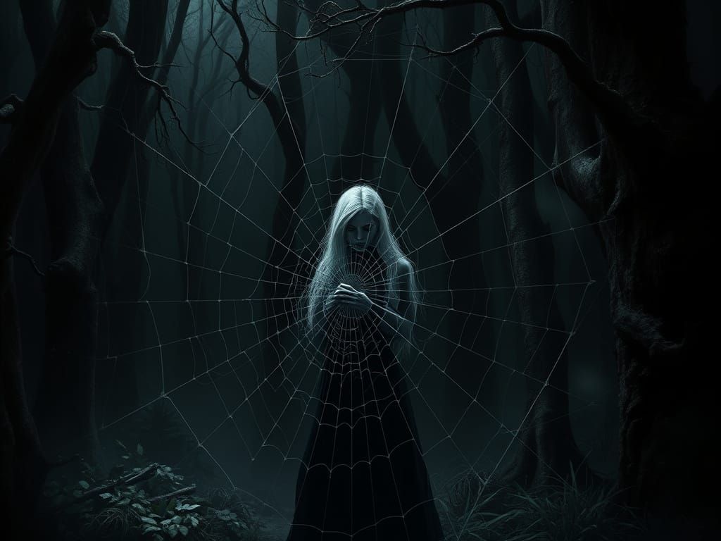 Dark Elf Knitting Spider Web in Sinister Forest