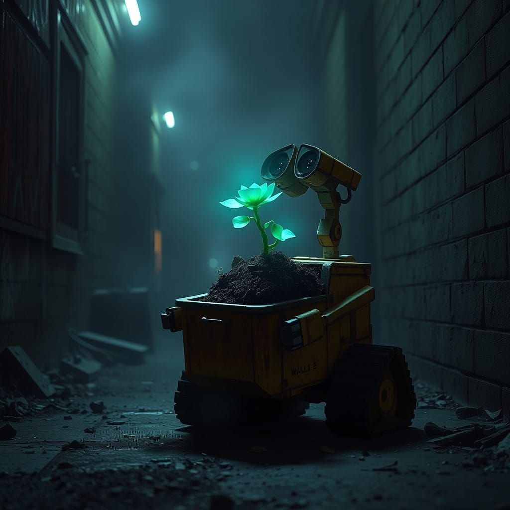 Post-Apocalyptic Alleyway Scene with WALL-E and Rare Plant