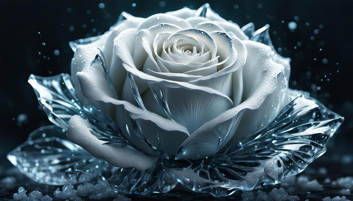 Glittering Ice Sculpture of a White Rose