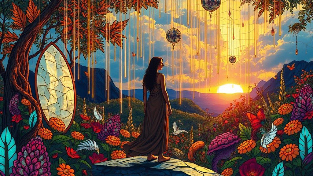 Surreal Garden with Mythical Creatures and Golden Light