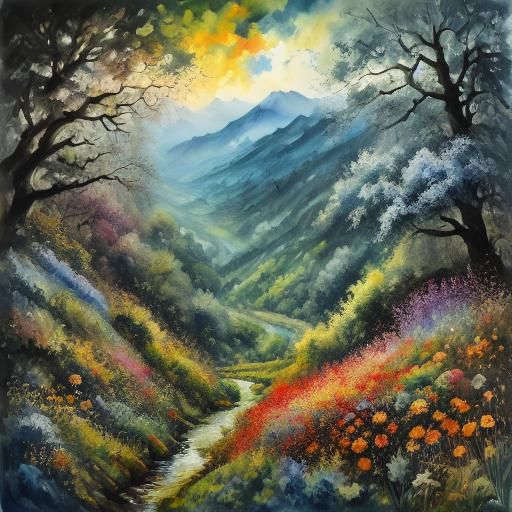 Gouache Snake in Flower Field with Ink Splashes