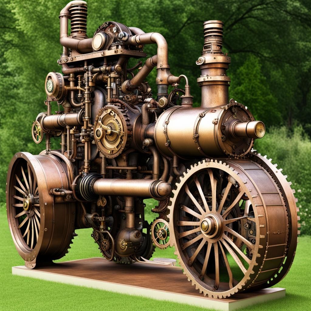 Steampunk Engine in a Whimsical Garden