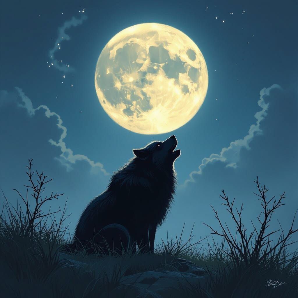 Wolf Howling at Moon in Dark Fantasy Style