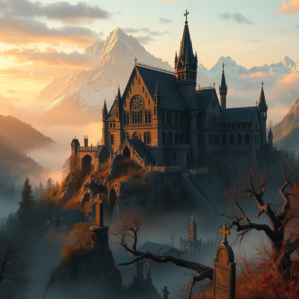 Gothic Monastery Amidst Misty Mountains