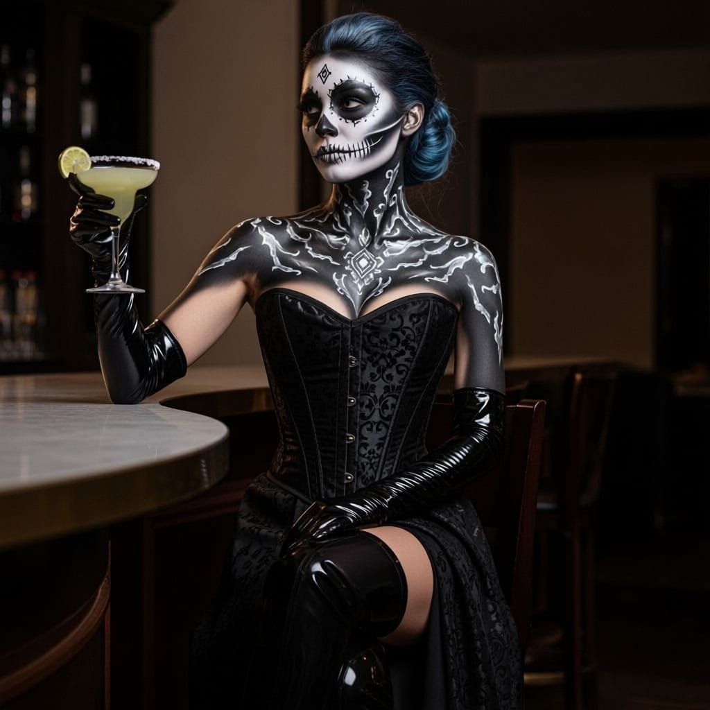 Elegant Halloween Catrina Woman at Bar