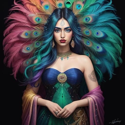 Rainbow Woman Portrait with Peacock Feather Hair
