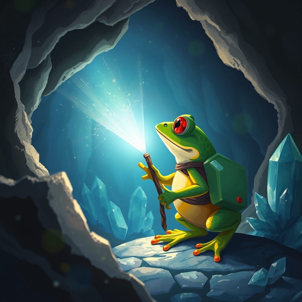 Frog Mage Bends Light in Crystal Cave