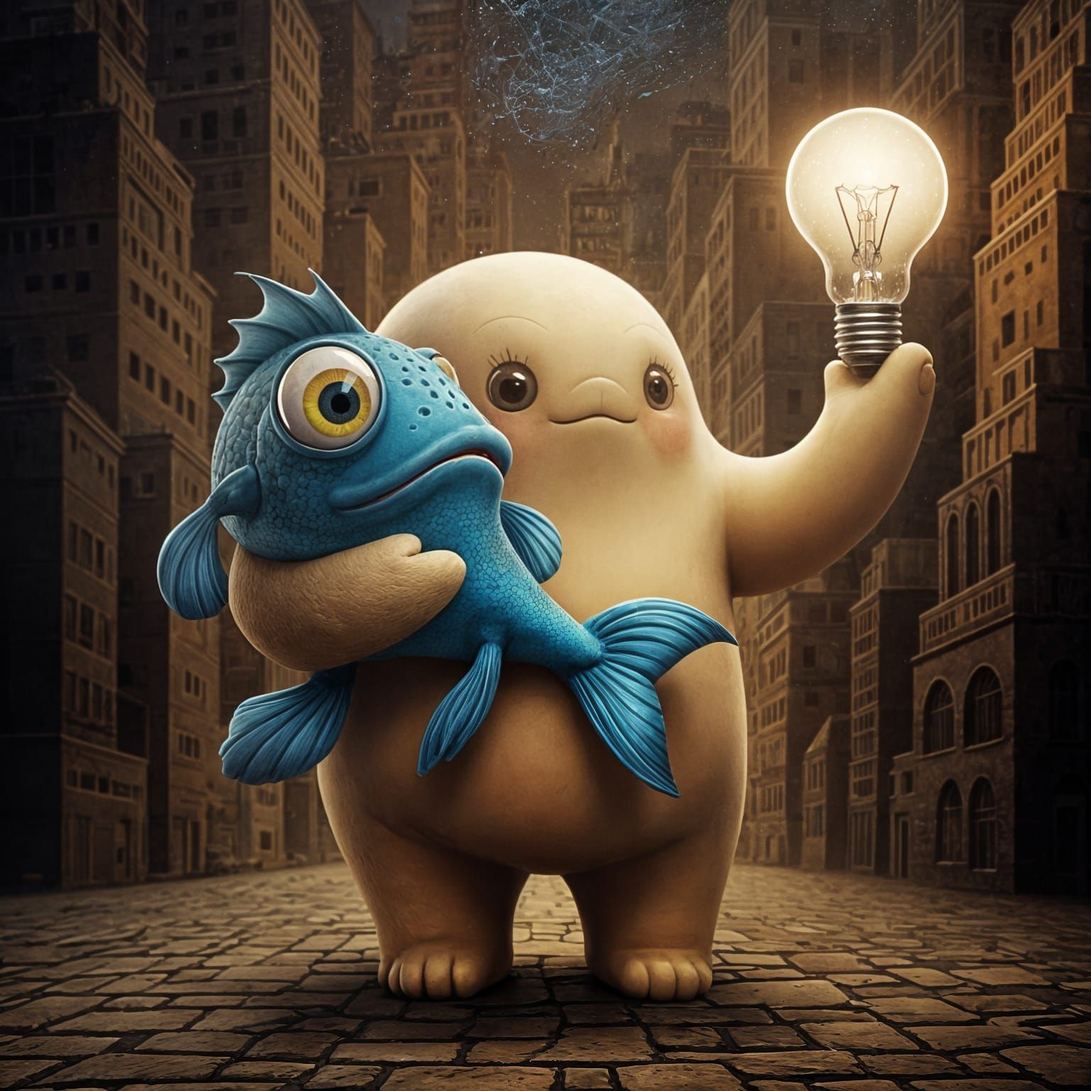 Vibrant Boufy Figure Holds Majestic Blue Fish in Turbulent M...