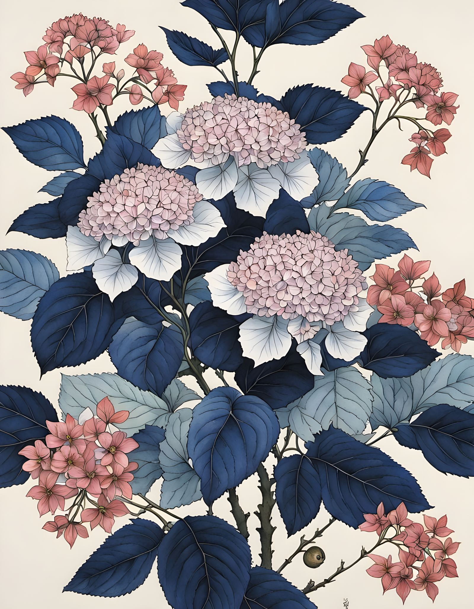 Traditional Japanese Woodblock Print of Hydrangea Blooms