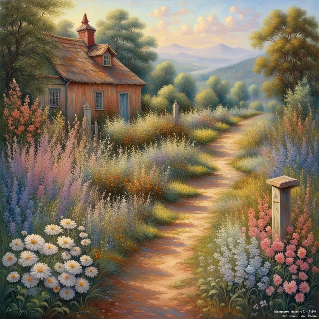 Dirt Road Surrounded by Flowers: A Fine Art Oil Painting