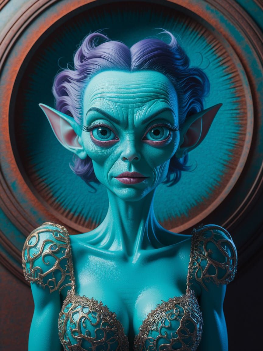 Glamorous Turquoise Alien Portrait in Hyperrealistic Style