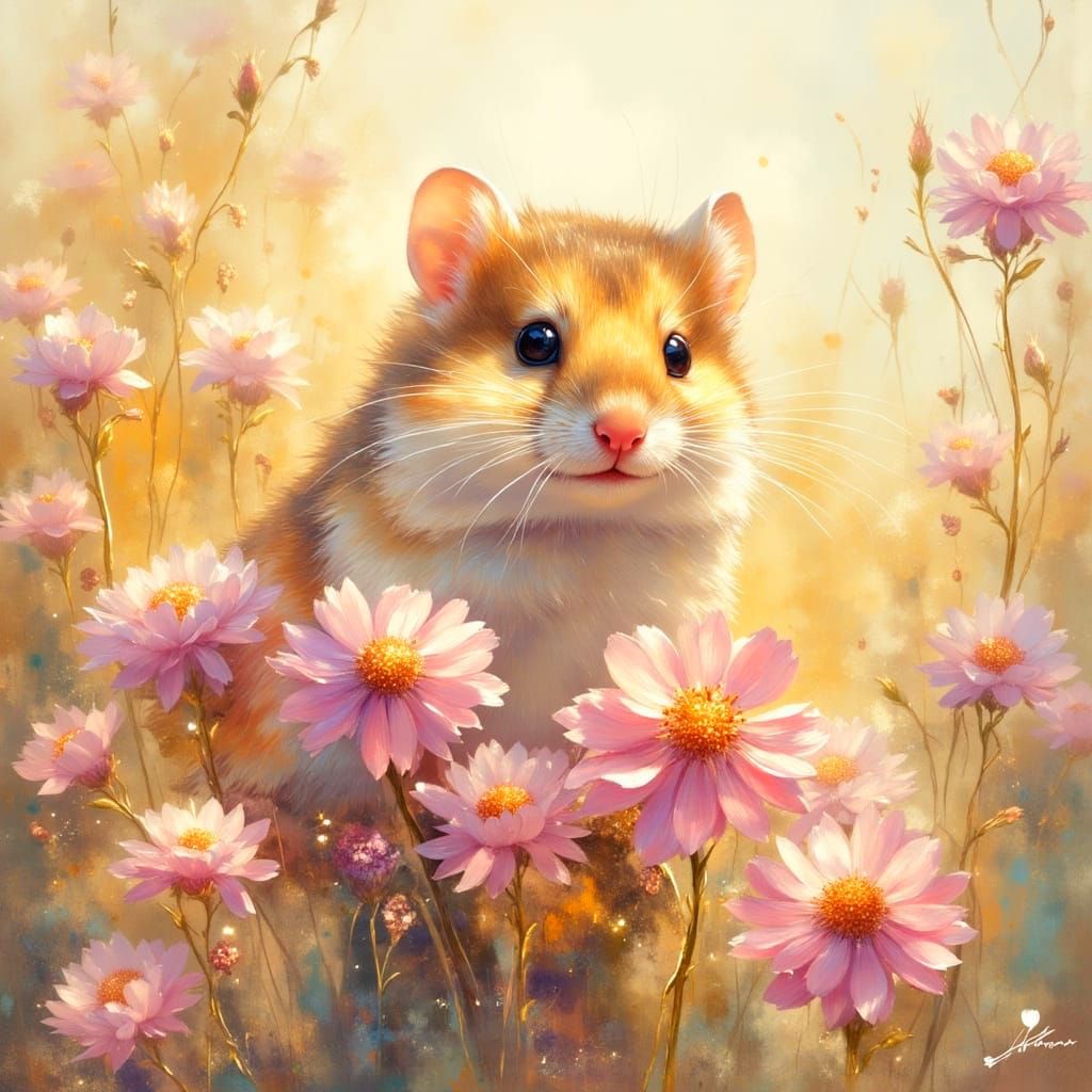 Whimsical Dormouse Amidst Vibrant Wildflowers in Fine Waterc...