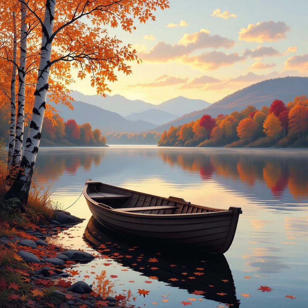 Autumn Riverbank Scene with Rowboat in Painterly Style
