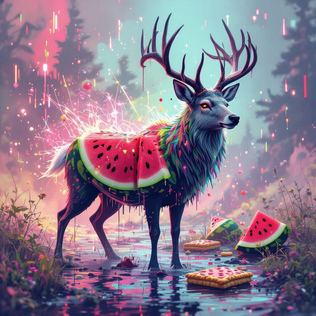 Surreal Deer-Wolf Hybrid With Watermelon and Pop-Tart Elemen...