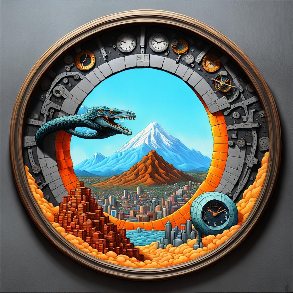 Earthquake detailed matte painting Moebius split-complementary colors folk art 8bit vignette volumetric lighting ourobor...