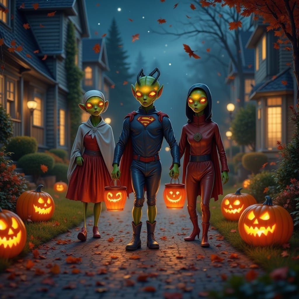 Aliens Trick-or-Treating in Realistic Sci-Fi Halloween Scene