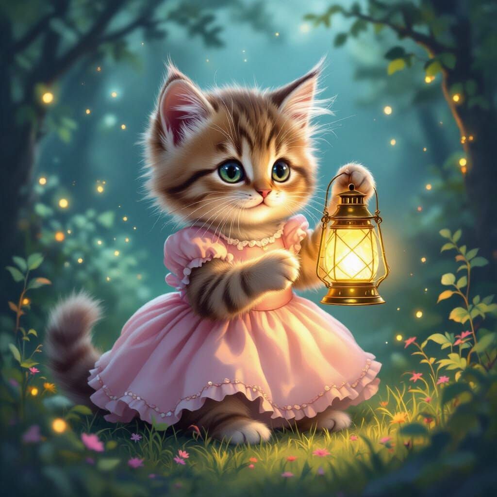 Fluffy Kitten With Lantern in Enchanted Forest